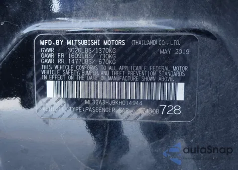 2019 Mitsubishi Mirage Es from USA, damaged, VIN ML32A3HJ9KH014944